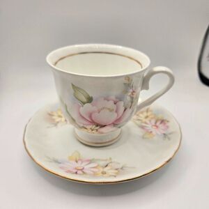 Vintage Hitkari Bone China Floral Teacup  Saucer Set Off White Pink Roses